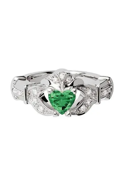 14ct White Gold Diamond & Emerald Stackable Claddagh Engagement Ring